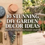 A 16:9 split-screen featured image showing female artisan hands holding a terracotta wind chime and a collection of aesthetic DIY garden decor projects on an oak table, with text overlay.