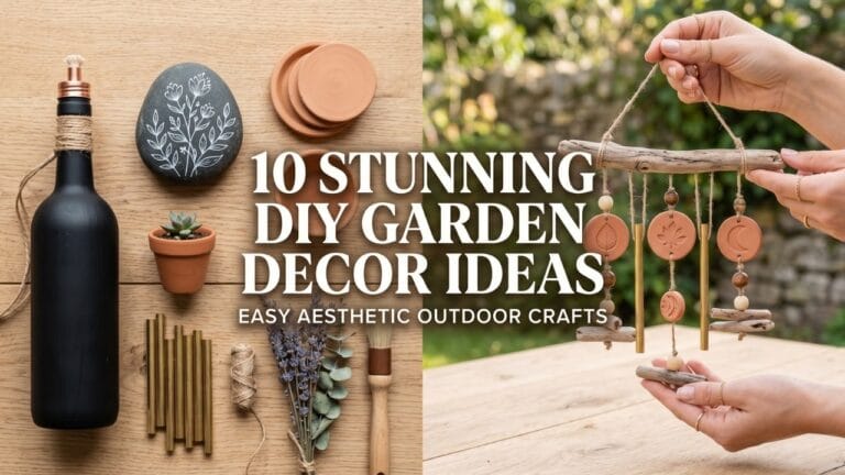 A 16:9 split-screen featured image showing female artisan hands holding a terracotta wind chime and a collection of aesthetic DIY garden decor projects on an oak table, with text overlay.