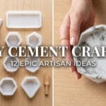 A 16:9 split-screen featured image showcasing aesthetic DIY cement crafts. Left side shows a clean flat lay of white cement powder and silicone molds. Right side shows female artisan hands holding a finished geometric marble cement dish. Text overlay reads: "DIY CEMENT CRAFTS" and "12 EPIC ARTISAN IDEAS". Soft natural light.