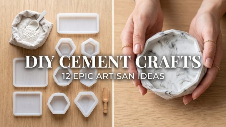 A 16:9 split-screen featured image showcasing aesthetic DIY cement crafts. Left side shows a clean flat lay of white cement powder and silicone molds. Right side shows female artisan hands holding a finished geometric marble cement dish. Text overlay reads: "DIY CEMENT CRAFTS" and "12 EPIC ARTISAN IDEAS". Soft natural light.