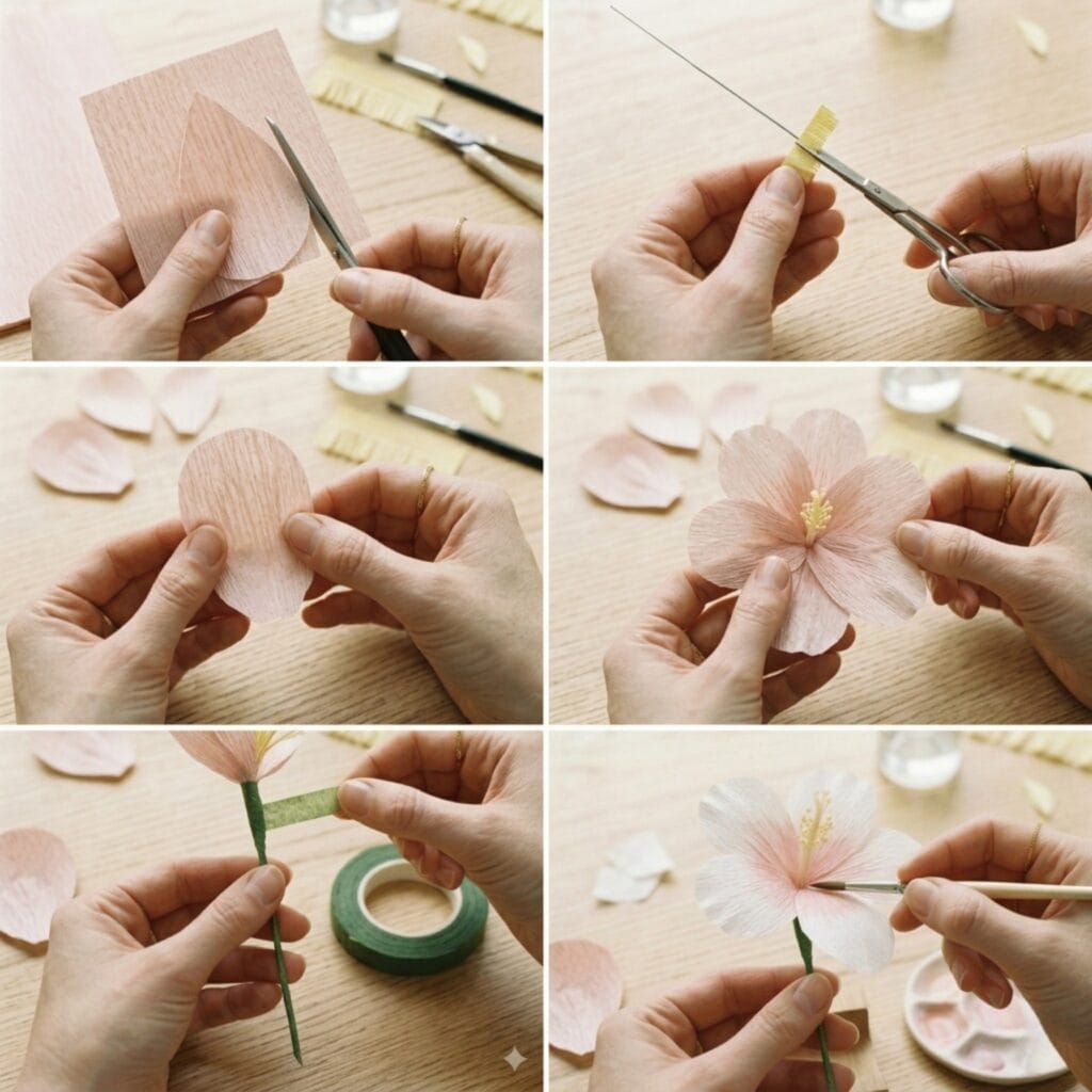 A perfectly square 1:1 photo grid showing six distinct, consistent stages of making a crepe paper hibiscus. The tutorial covers cutting petals, fringing the stamen, shaping, assembly, floral taping, and watercolor detailing under identical lighting.