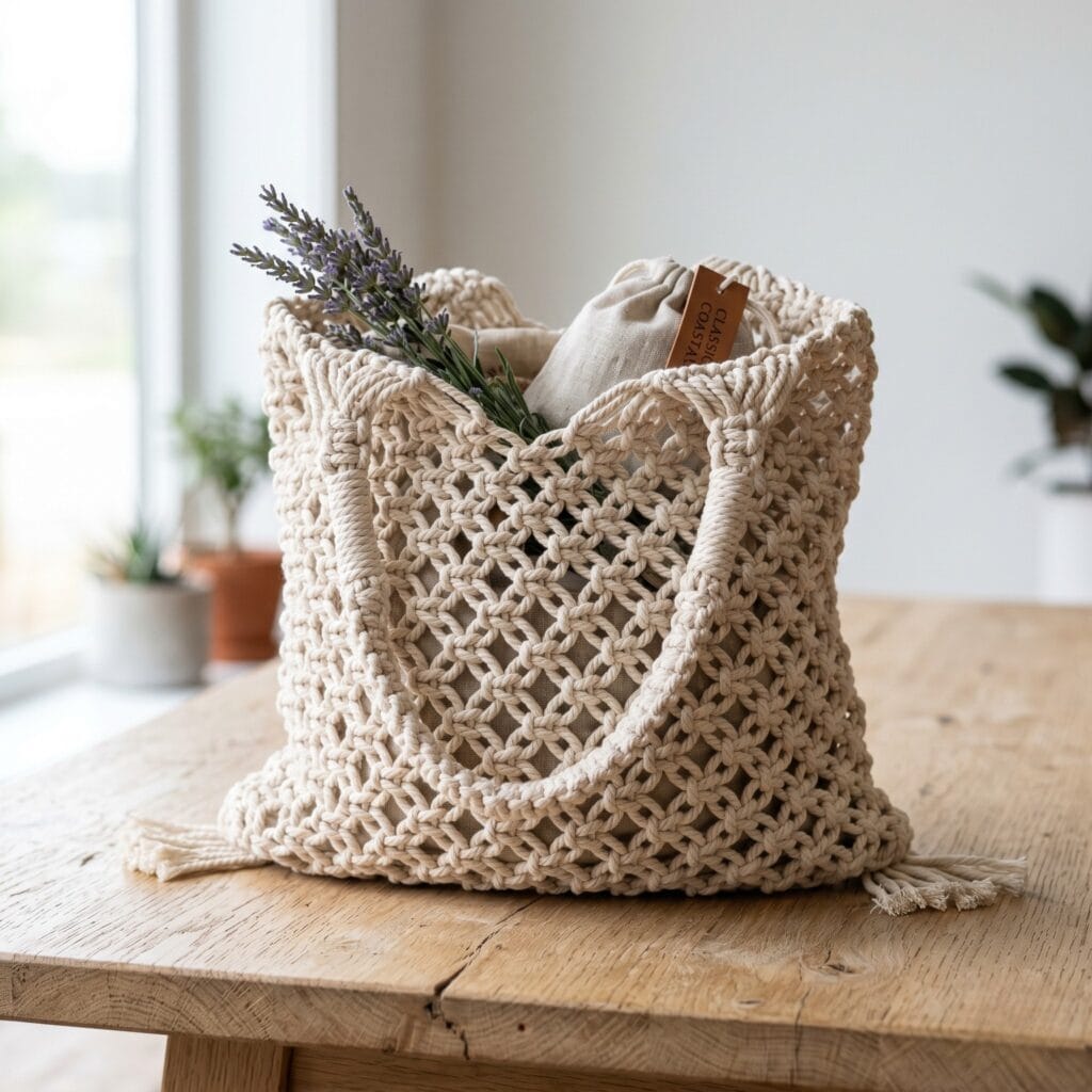 A classic coastal style macrame tote bag with an open-mesh grid pattern resting on a bright studio table.