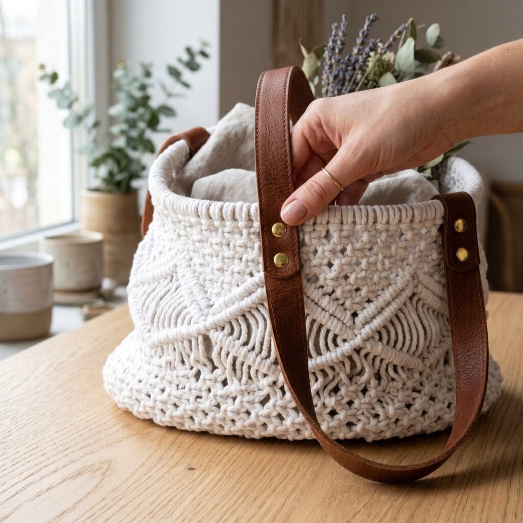 A spacious pure white macrame market shopper bag fitted with dark tan leather handles and brass rivets.