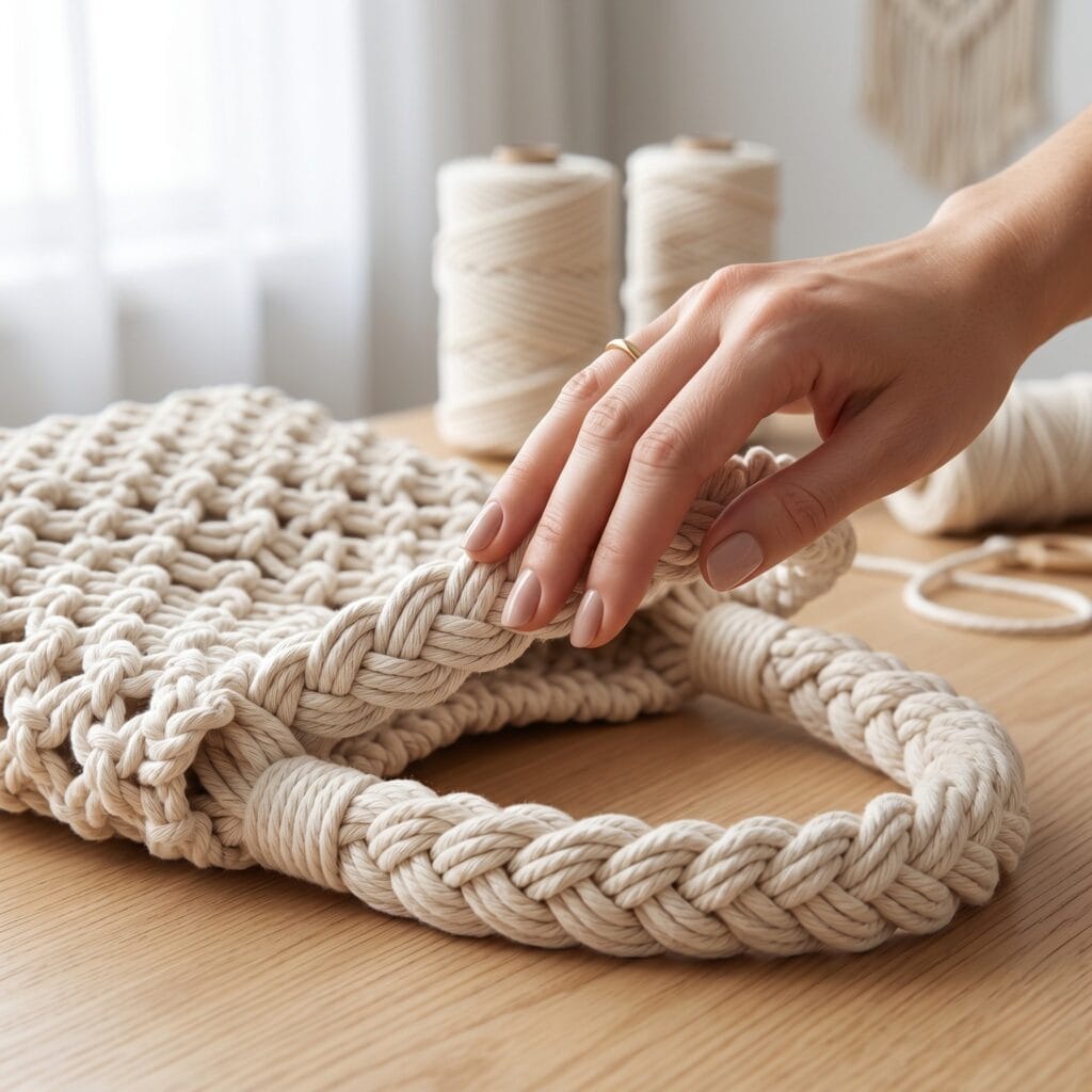 A soft cream macrame tote bag with seamless integrated braided straps resting on a bright wooden table.