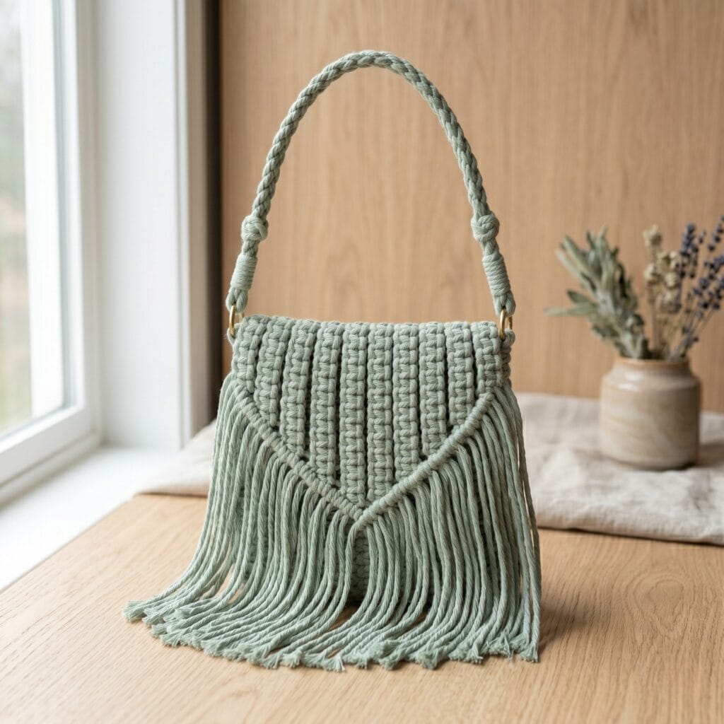 A pastel sage green macrame crossbody bag with long heavy fringe details hanging at the bottom.