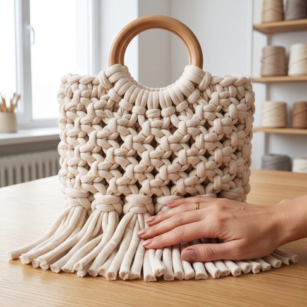 A bold plush macrame tote bag made from thick recycled cream t-shirt yarn featuring large square knots.