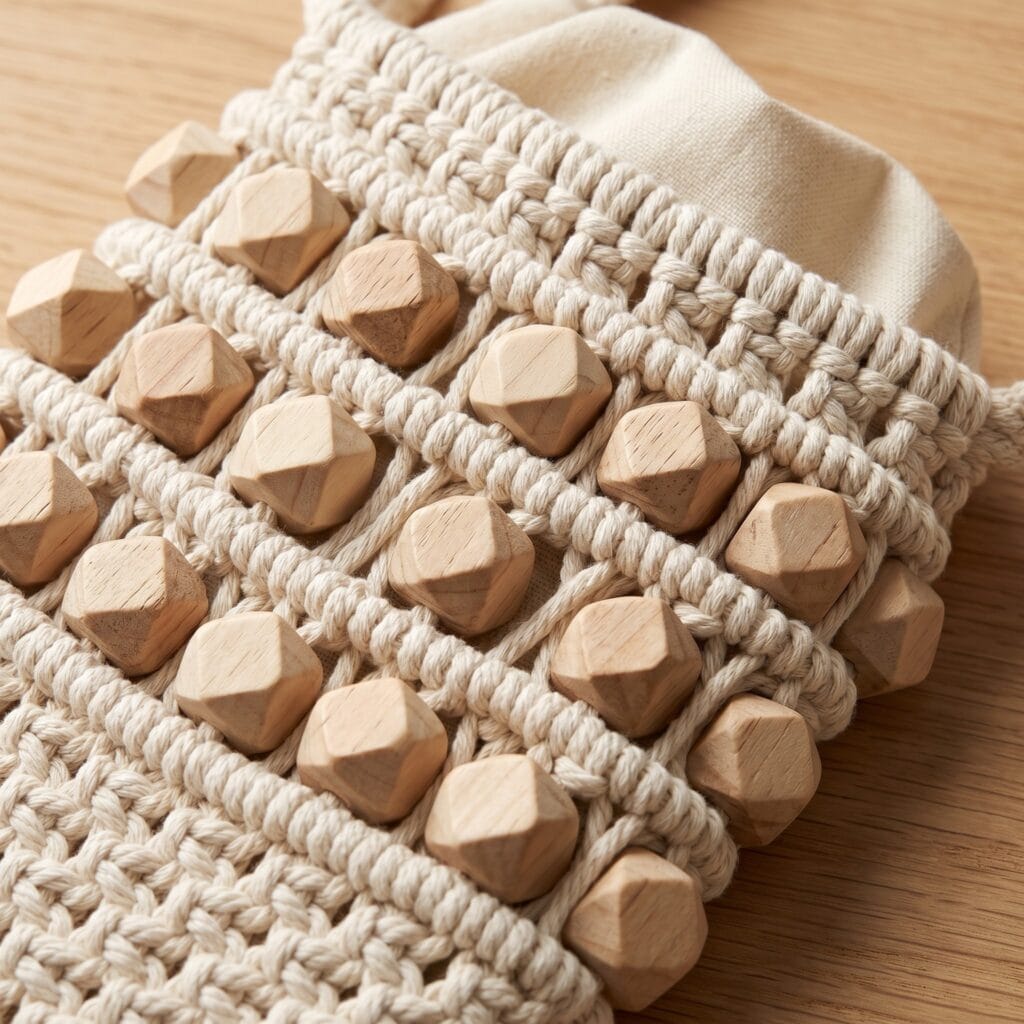 A boho macrame pouch bag featuring geometric unfinished wooden beads woven between alternating mesh rows.