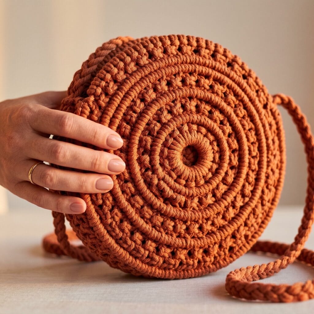 A round bohemian circle bag made of terracotta-toned cotton rope with a spiral knot pattern.