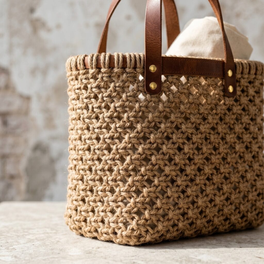A rugged natural brown jute macrame utility bag with a sturdy square-bottomed container pattern.