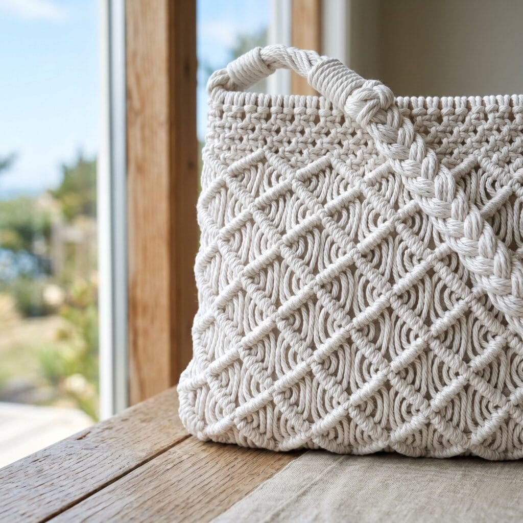 A tight-weave macrame net bag with an overlapping diamond grid pattern resembling mermaid scales.