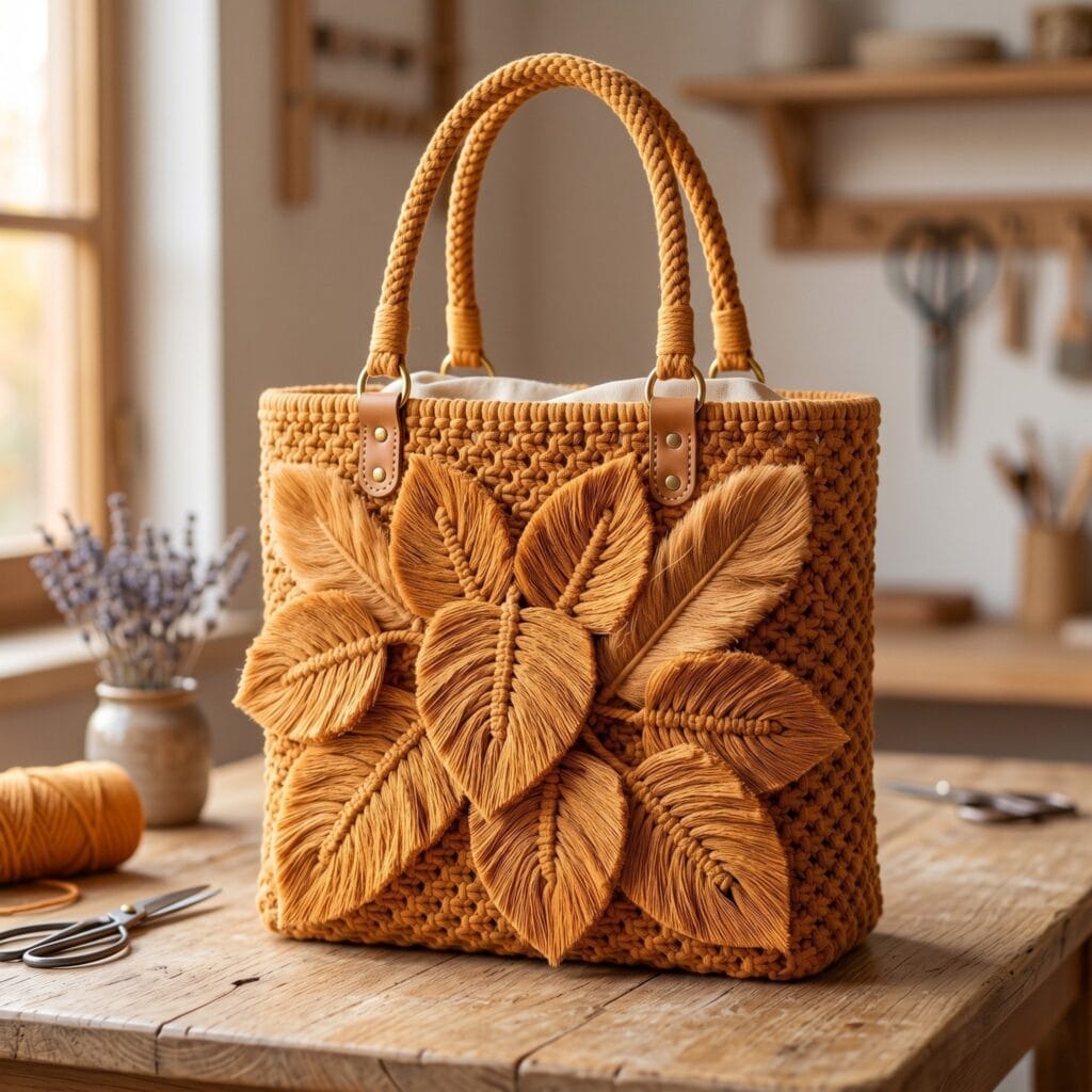 An amber-toned macrame tote bag decorated with layered brushed cotton feathers and leaves on the front.