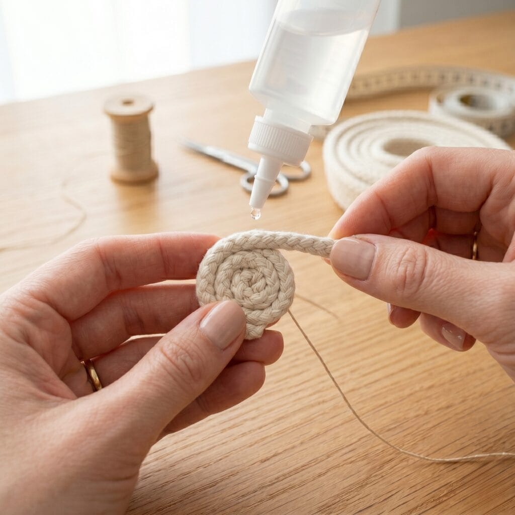 A close-up of a maker applying clear craft glue from a plastic bottle onto a small snail-like spiral disk of cotton rope.