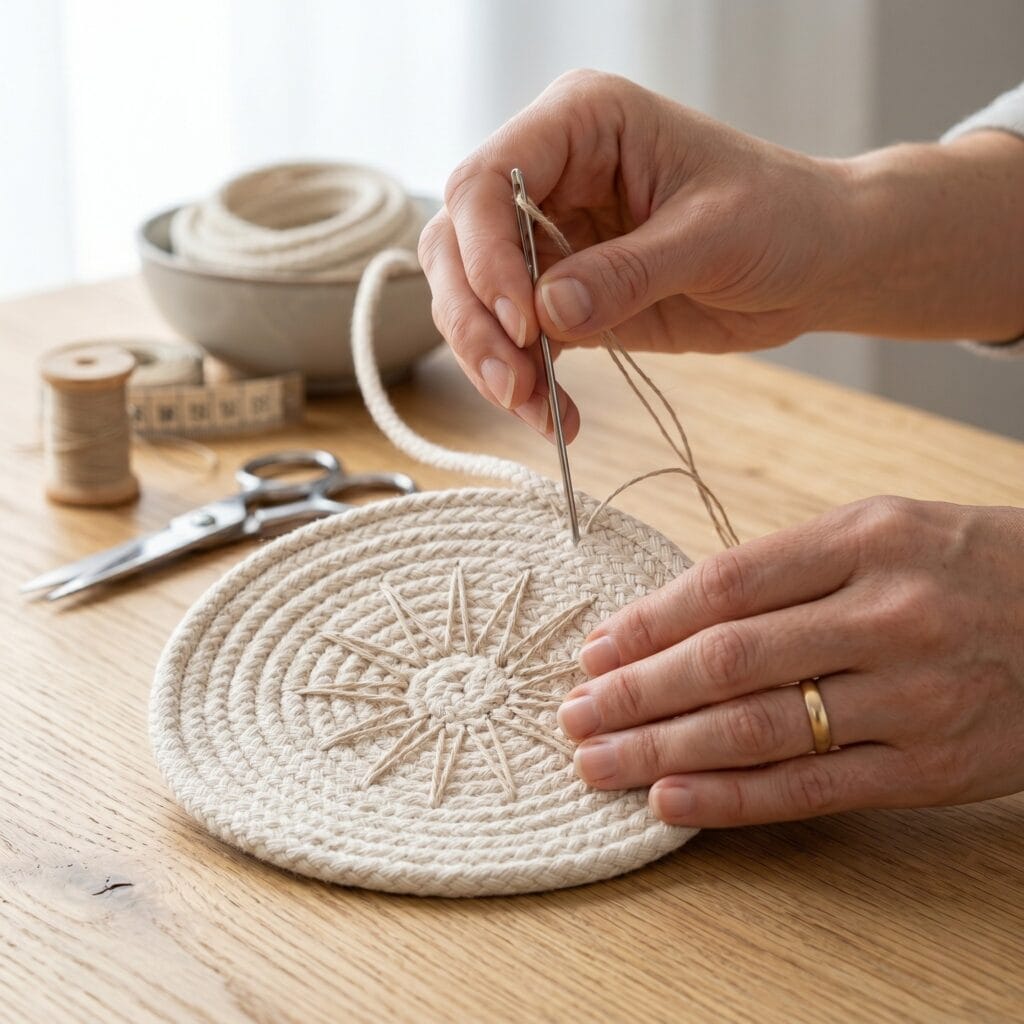 A flat circular rope base expanding on a wooden table while a needle pulls decorative star pattern connecting stitches.