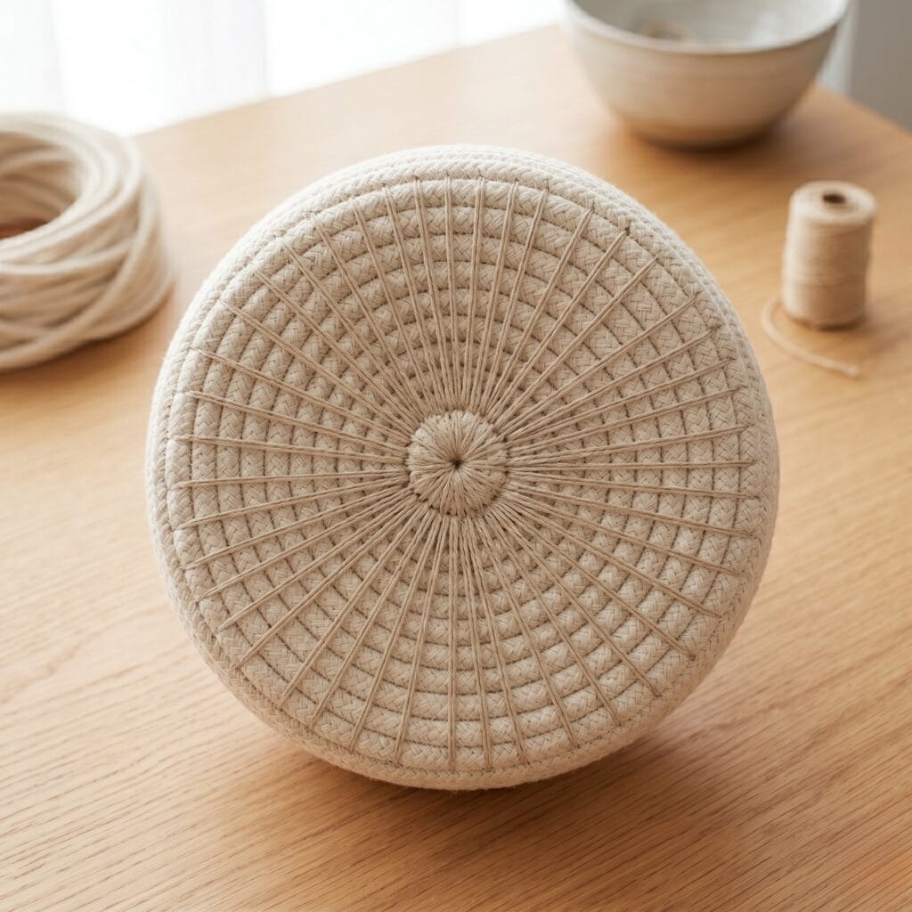 A fully completed flat circular rope basket base foundation displaying clean radial stitching lines running from the center.