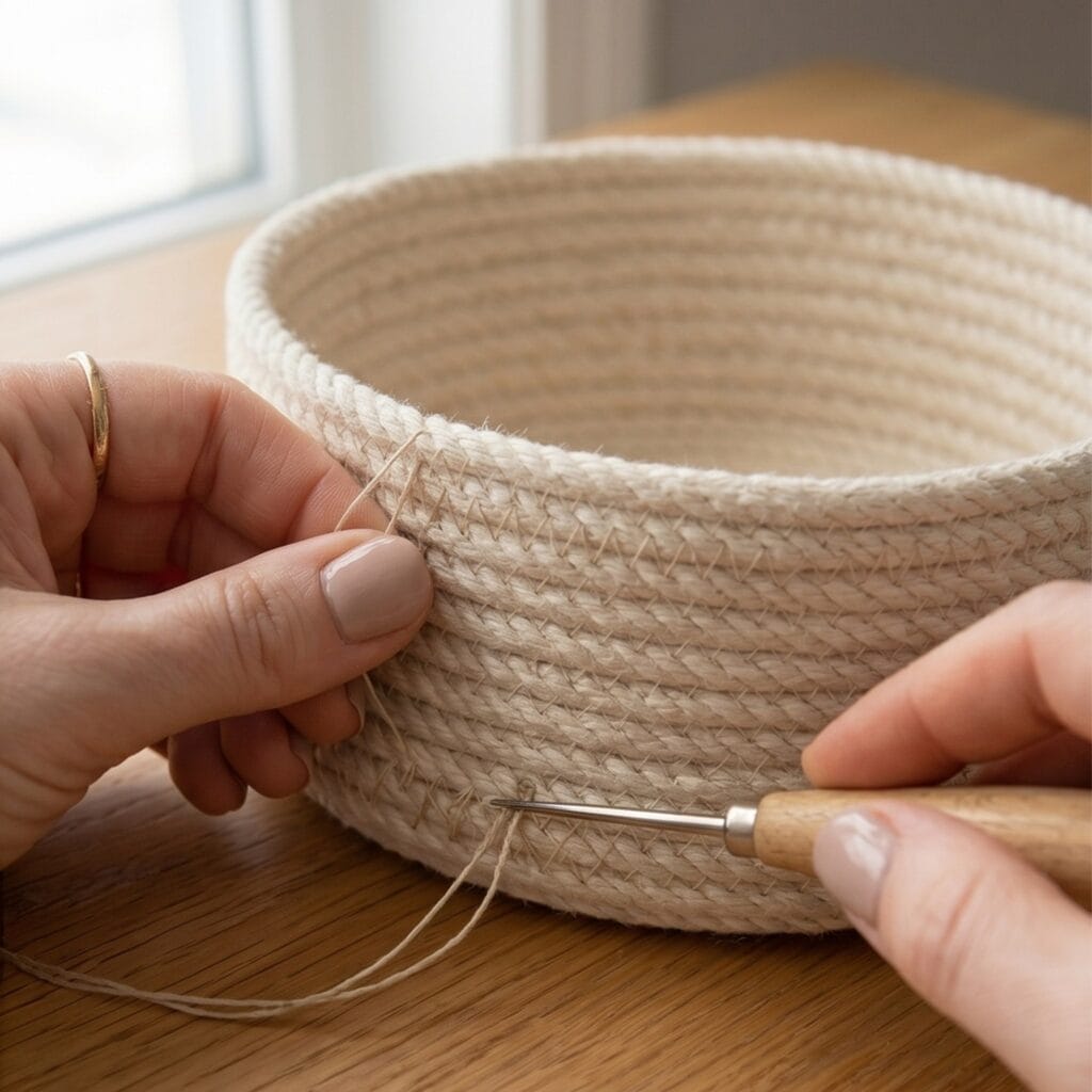A continuous vertical coiled rope wall being attached and sewn directly to the outer rim of a flat circular base.