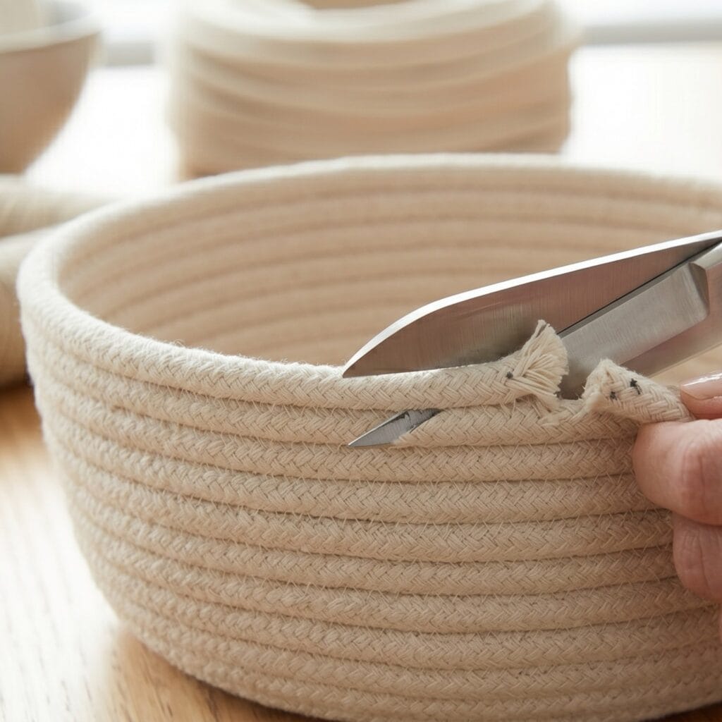 A small metal ruler measuring the vertical wall height of a rising coiled cotton rope basket during production.