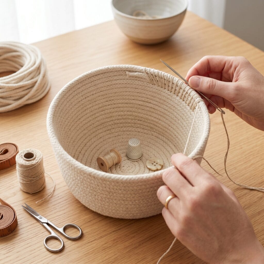 A completed coiled cotton rope basket showing a perfectly seamless top rim with fine overcast stitches.