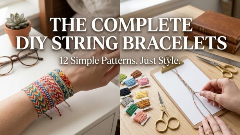 A professional split-screen cover image for DIY bracelets with string showcasing a variety of colorful finished patterns worn on a wrist and a detailed crafting scene with artisan hands.