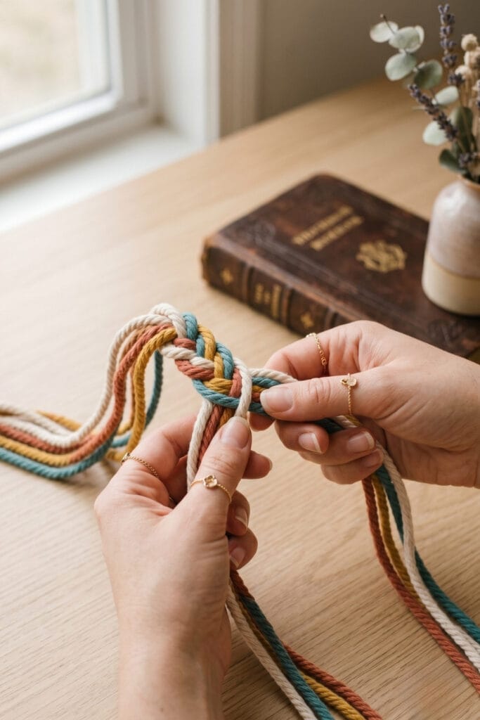 Close-up of hands braiding three strands for DIY bracelets with string next to a vintage leatherbound book.