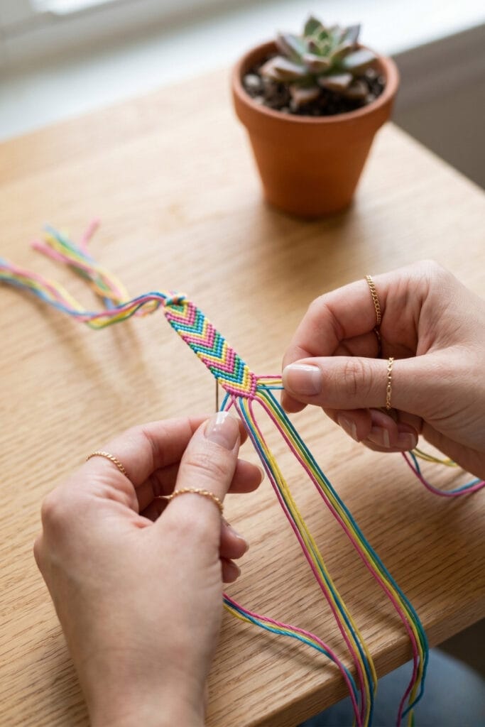 An artisan weaving a colorful V-shaped Chevron pattern for DIY bracelets with string on a minimalist workspace.