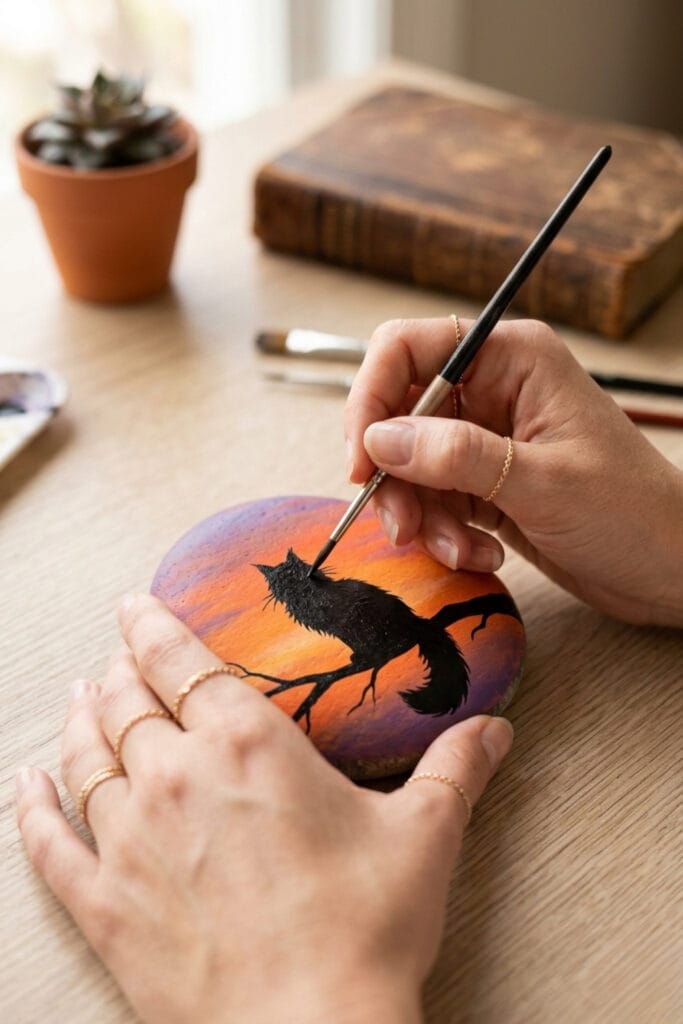 Animal-silhouette-cat-sunset-rock-painting-ideas