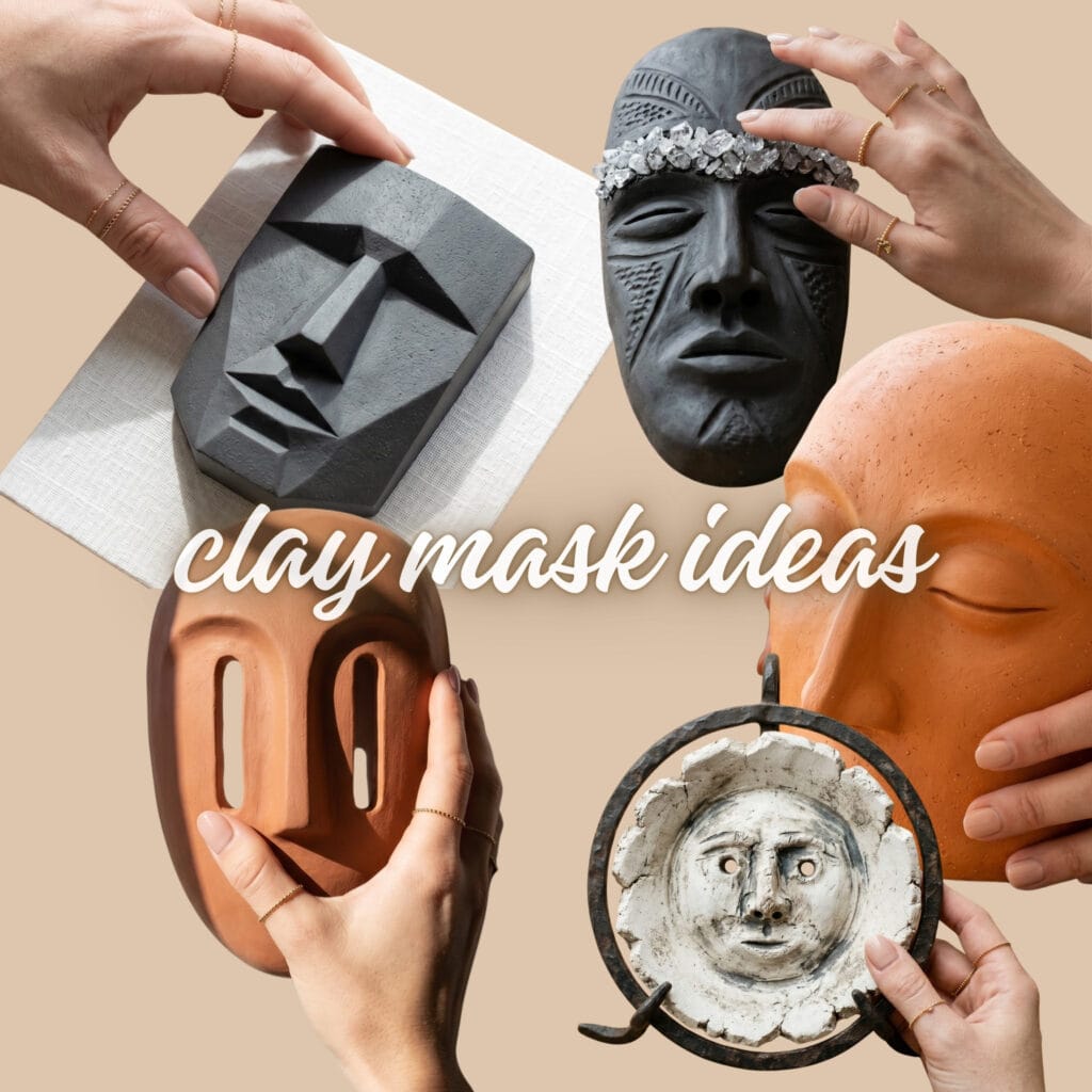 A curated studio composition of finished artistic clay masks, face sculptures, and pottery tools resting on an oak table.
