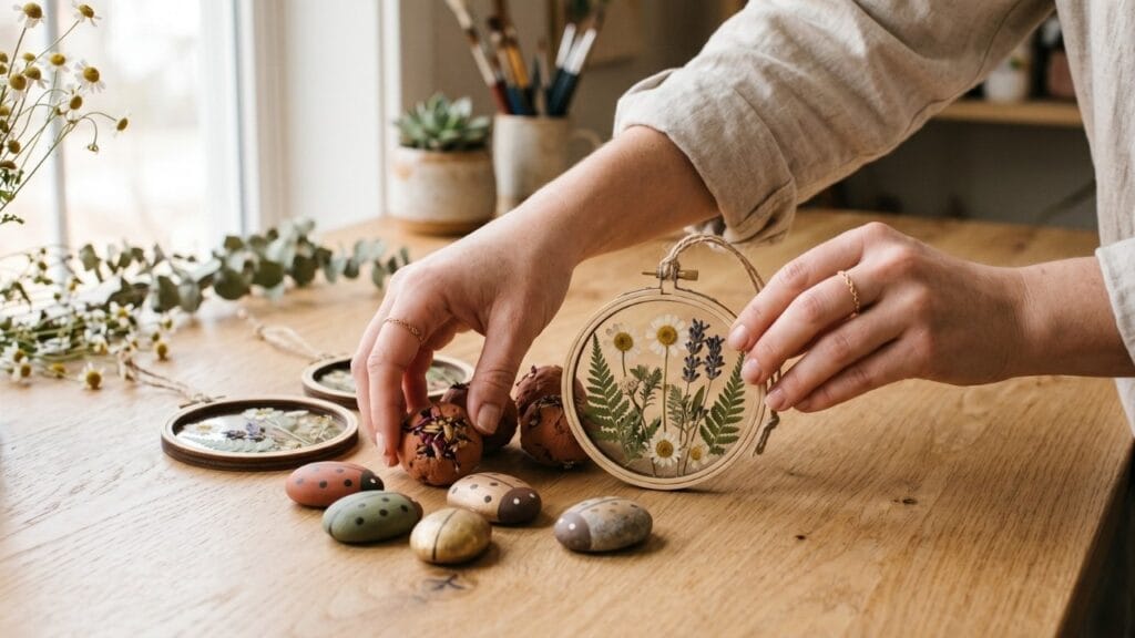 A central-heavy composition showing female artisan hands gently arranging finished natural spring daycare crafts, including wooden suncatchers and clay seed bombs, on a light oak wood table.