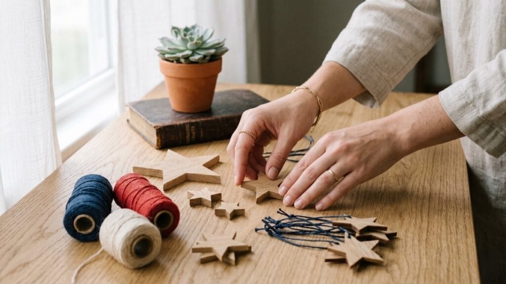 A central-heavy composition showing female artisan hands arranging minimalist 4th of July crafts on a light oak table.