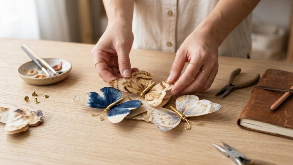 A central-heavy composition showing female artisan hands arranging multiple artisanal coffee filter butterflies with brass and natural dyes on a light oak wood table.