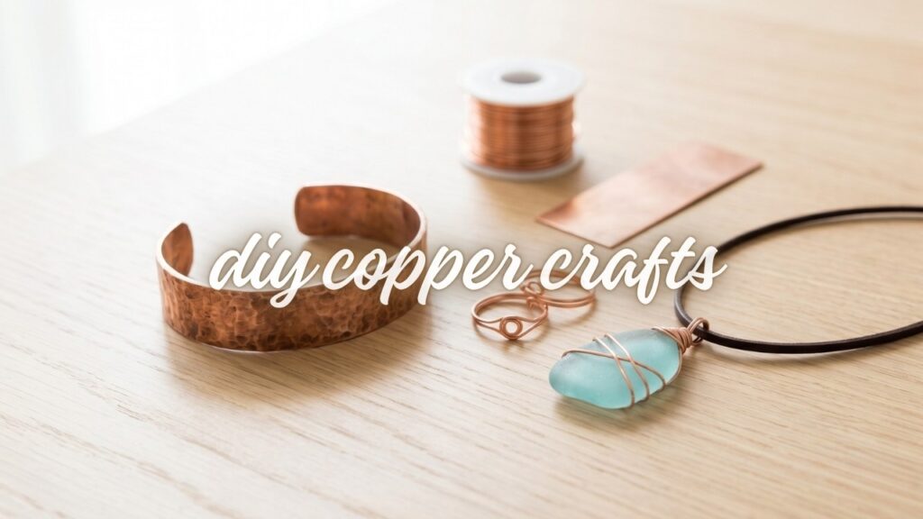 A text-free 16:9 aesthetic lifestyle photograph of a curated studio mood board for DIY copper jewelry. A hammered copper strip cuff, wire wrap rings, and a sea glass pendant rest on a light oak wood table next to copper wire and a copper sheet blank. Soft natural sunlight.