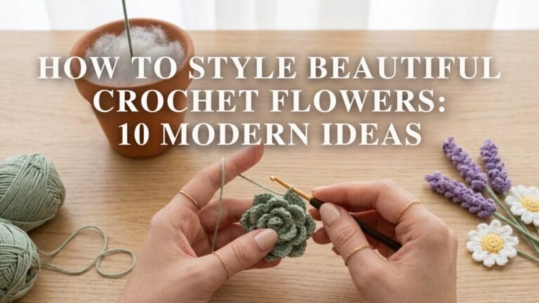 A manicured hand crocheting a succulent with the blog post title overlay for beautiful home decoration ideas.