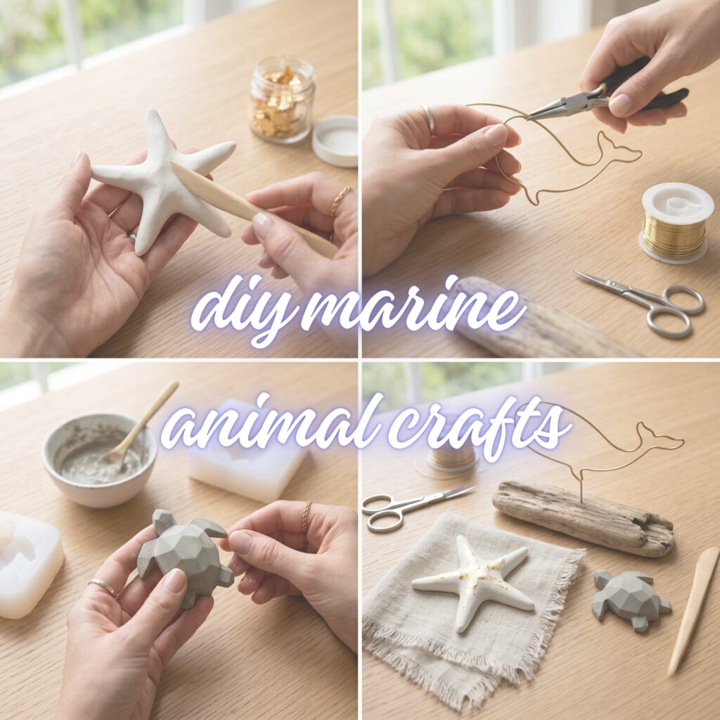An aesthetic studio preview image showing a curated arrangement of finished minimalist marine animal crafts including a clay starfish and wire whale on a light oak table.