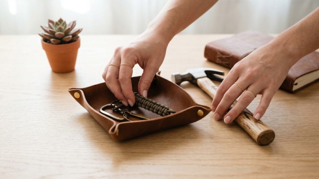 A central-heavy composition showing female artisan hands arranging masculine Father's Day crafts on a light oak table.