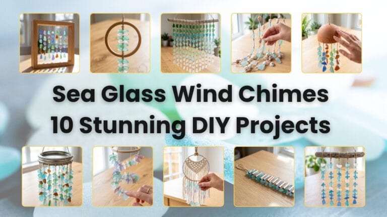 A horizontal featured image collage for Simple Craft Daily titled Sea Glass Wind Chimes 10 Stunning DIY Projects surrounded by grid previews of handmade coastal chimes.
