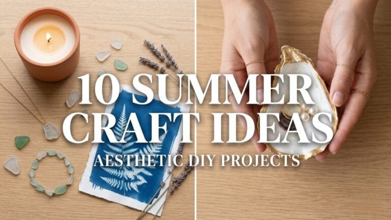 DIY summer craft ideas: A split-screen featured image showing a finished gold-rimmed oyster shell dish and a collection of aesthetic summer crafts on a light oak table.