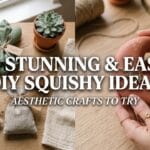 A horizontal 16:9 split-screen featured image for a blog, showing female artisan hands holding a finished memory foam geometric squishy and a collection of aesthetic stress balls on a light oak table, with bold white serif text overlay reading 10 STUNNING & EASY PROJECTS.