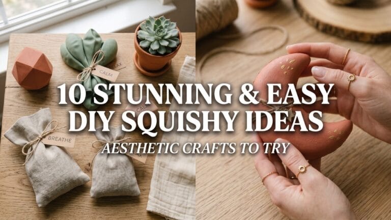 A horizontal 16:9 split-screen featured image for a blog, showing female artisan hands holding a finished memory foam geometric squishy and a collection of aesthetic stress balls on a light oak table, with bold white serif text overlay reading 10 STUNNING & EASY PROJECTS.