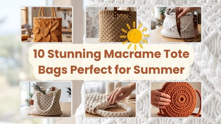 A horizontal blog featured image titled 10 Stunning Macrame Tote Bags Perfect for Summer with a grid of handmade boho cotton and jute purses.