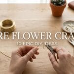 The manicured hands of a young woman shaping round raw brass wire into elegant wire flower crafts with blog post title overlay
