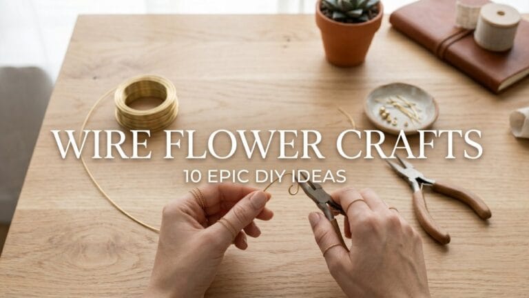 The manicured hands of a young woman shaping round raw brass wire into elegant wire flower crafts with blog post title overlay