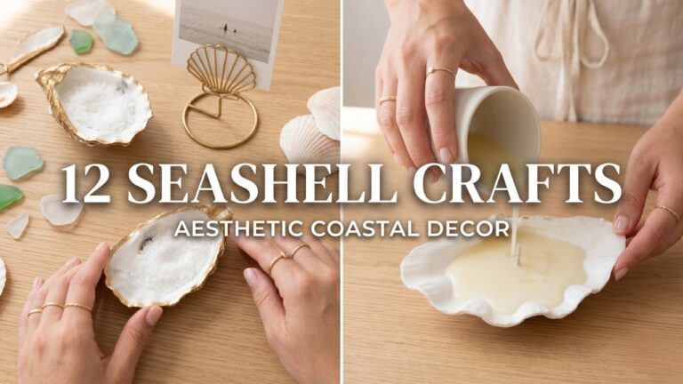 A 16:9 split-screen featured image showing a female artisan making a seashell candle and a flat-lay of elegant coastal crafts on a light oak table.