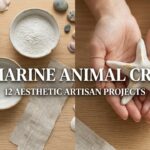 A 16:9 split-screen featured image showing a female artisan crafting a white clay starfish and a flat-lay of premium supplies for DIY marine animal crafts on an oak table.