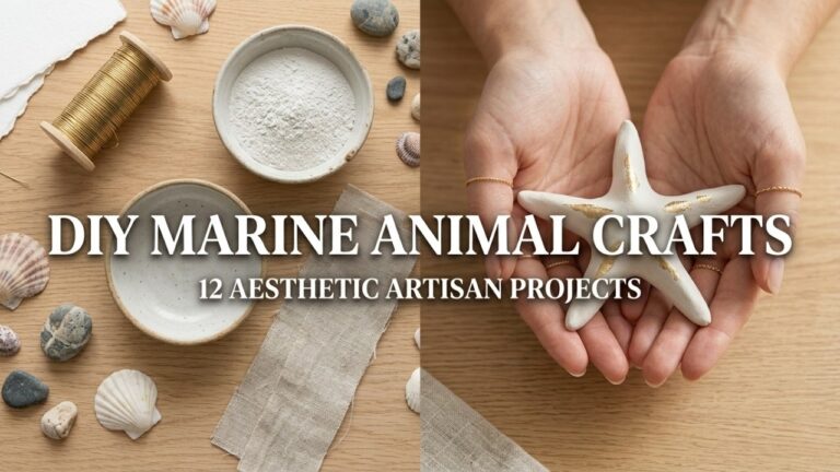 A 16:9 split-screen featured image showing a female artisan crafting a white clay starfish and a flat-lay of premium supplies for DIY marine animal crafts on an oak table.