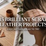 A 16:9 split-screen featured image showing female artisan hands holding a finished leather hair cuff and a flat-lay of various scrap leather projects on a light oak table, with text overlay.