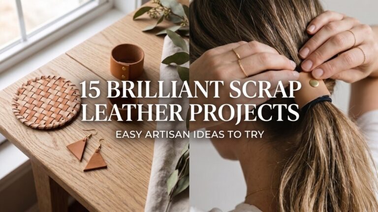 A 16:9 split-screen featured image showing female artisan hands holding a finished leather hair cuff and a flat-lay of various scrap leather projects on a light oak table, with text overlay.