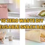A 4-panel horizontal blog cover collage showcasing different handmade zero-waste food pouches on bright kitchen counters, featuring a bold yellow title text that reads 10 ZERO WASTE DIY REUSABLE SNACK BAGS.