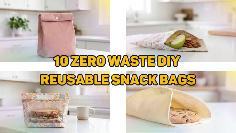 A 4-panel horizontal blog cover collage showcasing different handmade zero-waste food pouches on bright kitchen counters, featuring a bold yellow title text that reads 10 ZERO WASTE DIY REUSABLE SNACK BAGS.
