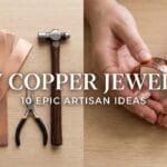 A 16:9 split-screen featured image for DIY copper jewelry. Left side shows a clean flat lay of raw copper wire spools, flat copper sheet strips, and jewelry pliers. Right side shows consistent artisan hands holding a finished hammered copper cuff. Text overlay reads: "DIY COPPER JEWELRY" and "10 EPIC ARTISAN IDEAS". Soft natural light.