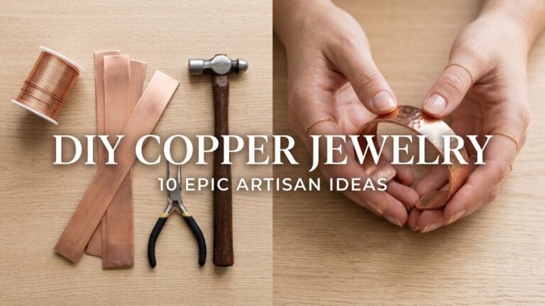 A 16:9 split-screen featured image for DIY copper jewelry. Left side shows a clean flat lay of raw copper wire spools, flat copper sheet strips, and jewelry pliers. Right side shows consistent artisan hands holding a finished hammered copper cuff. Text overlay reads: "DIY COPPER JEWELRY" and "10 EPIC ARTISAN IDEAS". Soft natural light.