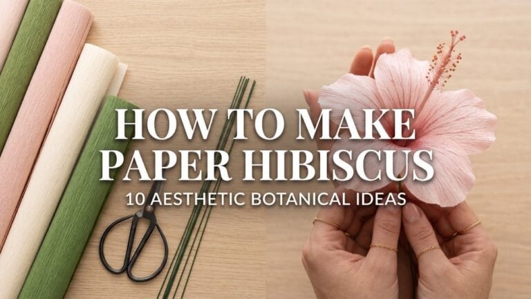 DIY paper hibiscus flowers: A split-screen featured image showing a realistic blush pink crepe paper hibiscus with watercolor details held by artisan hands, next to a flat-lay of fine floral materials.